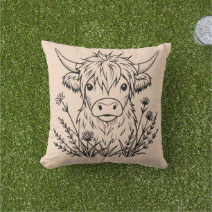 Cojín De Exterior Minimalistic Cute Highland Cow Wildflowers