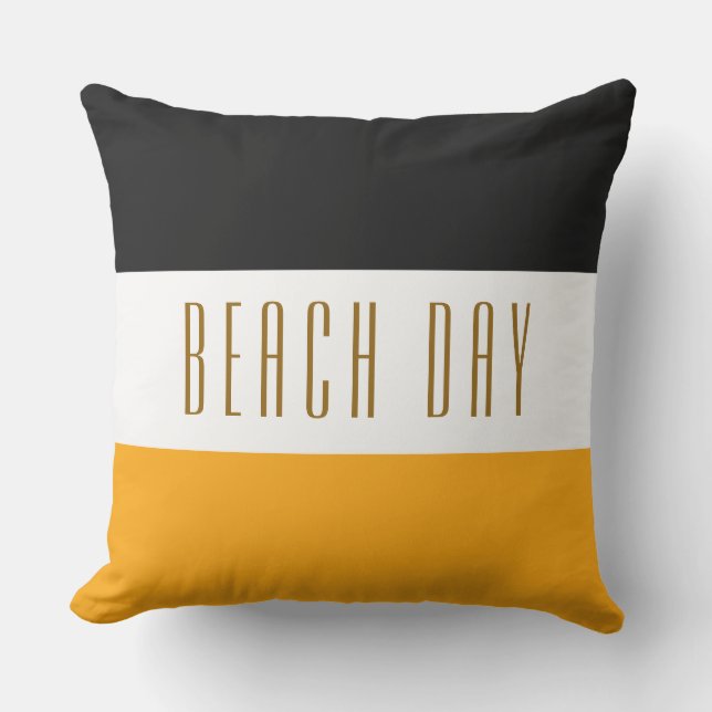 Cojín De Exterior Moda Black White Yellow Stripes BEACH DAY Textos (Anverso)