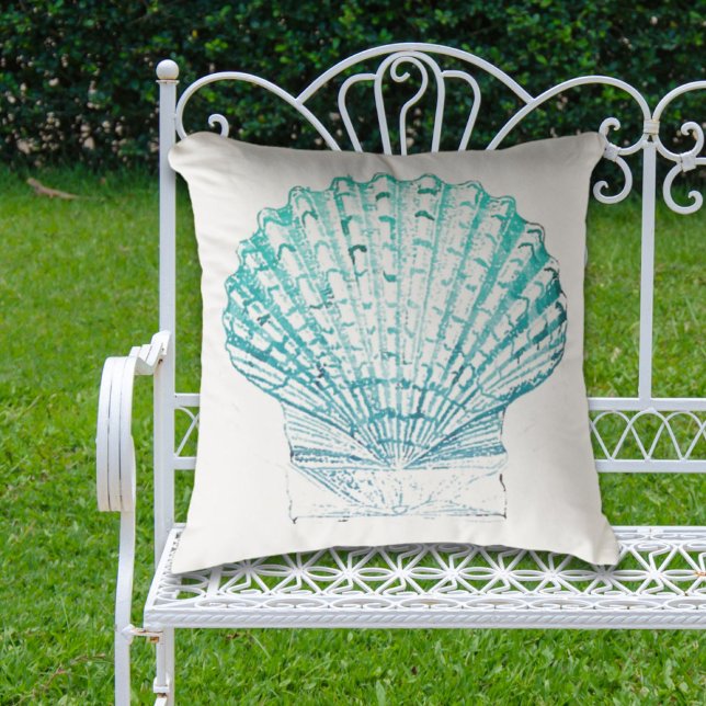 Cojín De Exterior moda costera azul verde azulado acuarela de sirena (coastal chic teal blue watercolor mermaid seashell outdoor pillow)