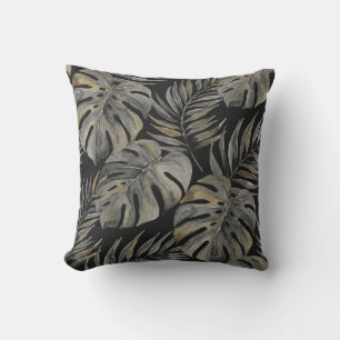 Cojín De Exterior Moku Island Hawaiian Monstera de Acuarela - Negro