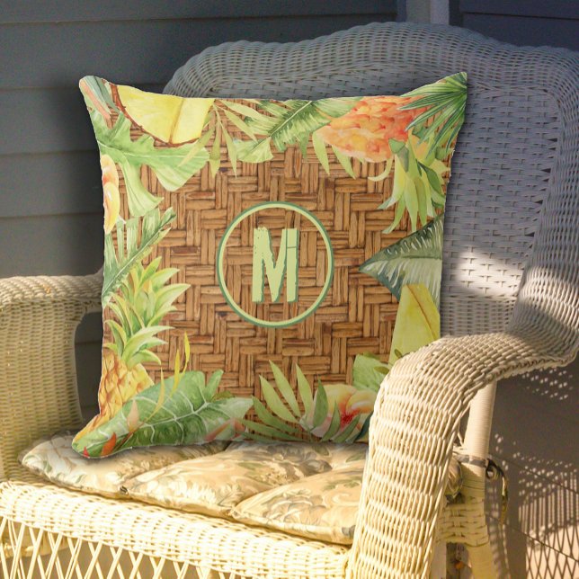 Cojín De Exterior Monograma acuarela tropical floral (Monogram Tropical Watercolor Floral Outdoor Pillow - 2 sizes)