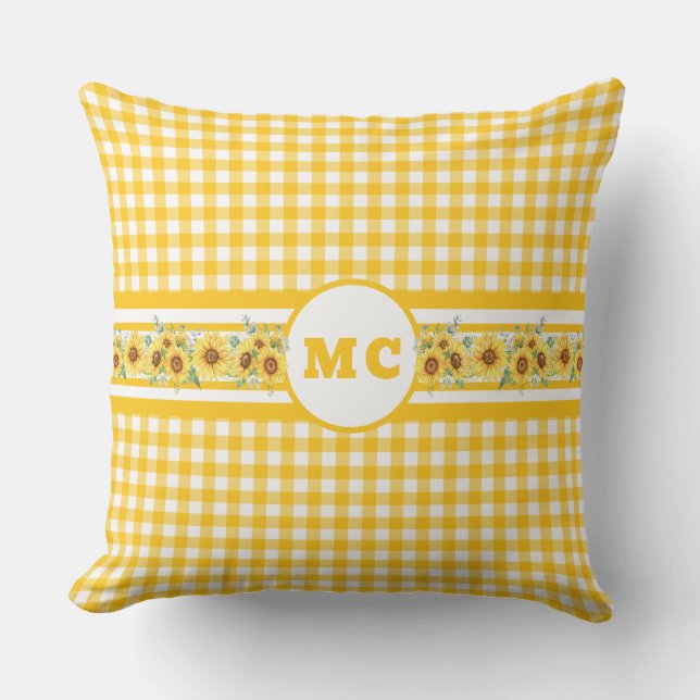 Cojín De Exterior Monograma amarillo brillante Gingham Placer giraso (Anverso)