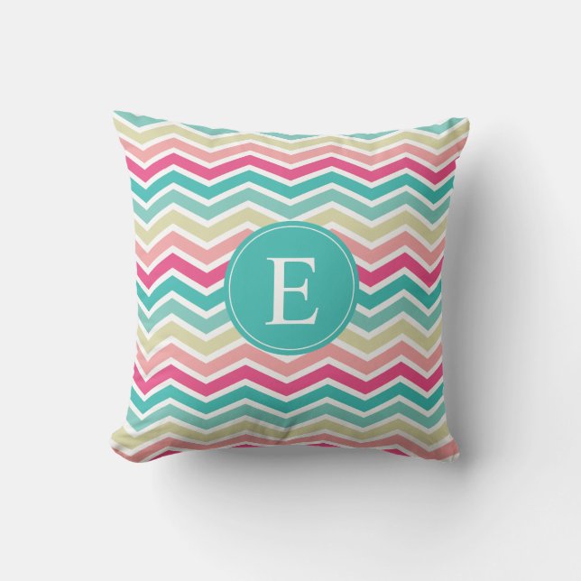 Cojín De Exterior Monograma Chevron Turquesa Rosa (Anverso)