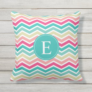 Cojín De Exterior Monograma Chevron Turquesa Rosa