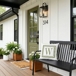 Cojín De Exterior Monograma Clásico Cuadrado Verde Oliva y Blanco