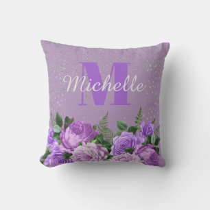 Cojín De Exterior Monograma Cute Purple Floral Plata Brillante  