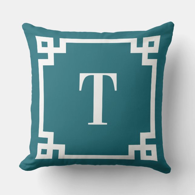 Cojín De Exterior Monograma de borde de clave griega blanco y Verde  (Anverso)