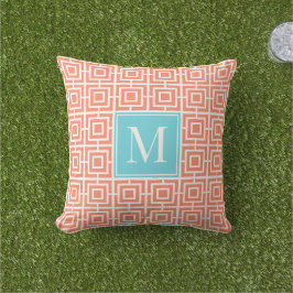Cojín De Exterior Monograma de Cuadrícula Cuadrada Preppy - Coral y 