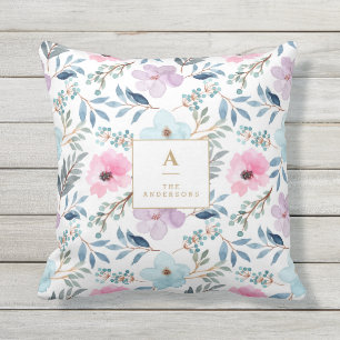Cojín De Exterior Monograma de flores acuarela azul pastel lindo  