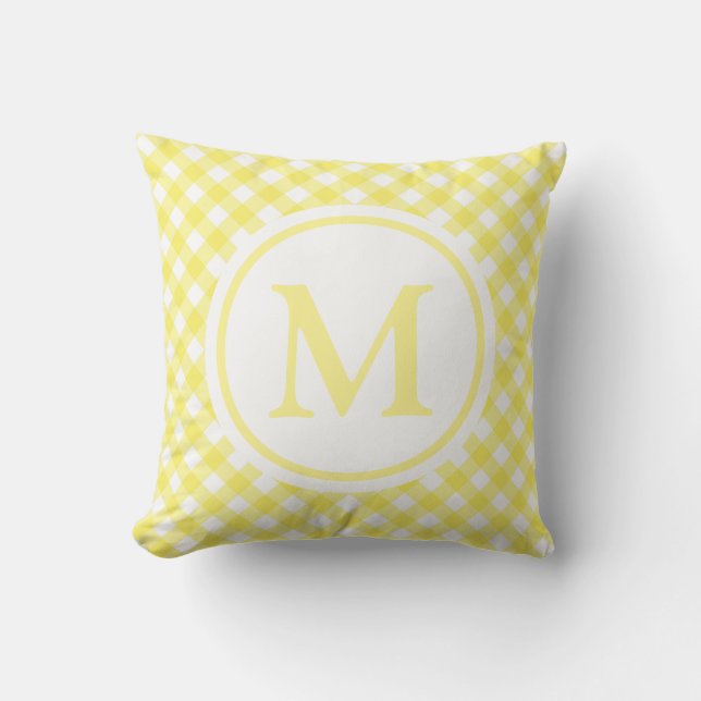 Cojín De Exterior Monograma de Gingham Amarillo Soleado (Anverso)