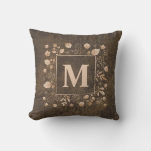 Cojín De Exterior Monograma de hojas de oro marrón elegante y con es