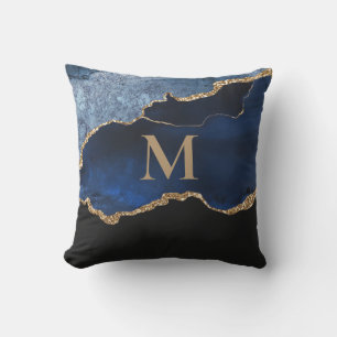 Cojín De Exterior Monograma de Mármol Dorado Azul Marino Moderno