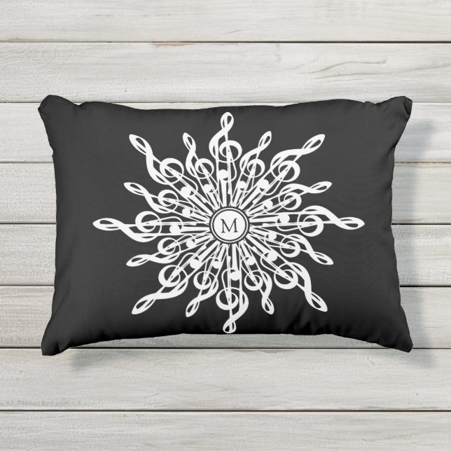 Cojín De Exterior Monograma de Snowflake Clef de trébol blanco y neg (Anverso)