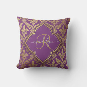 Cojín De Exterior Monograma del patrón de Damasco Royal Purple Gold