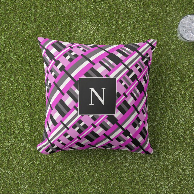 Cojín De Exterior Monograma en diagonal rosa, negra y gris (Césped)