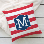 Cojín De Exterior Monograma inicial del Personalizado azul rojo patr<br><div class="desc">El diseño de almohadas patrióticas presenta un marco decorativo con un monograma familiar personalizado inicial,  acentos estrella y rayas horizontales. Colores rojo,  blanco y azul marino.</div>