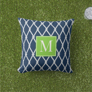 Cojín De Exterior Monograma Náutico Preppy Costero - Azul Marino y L