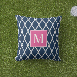 Cojín De Exterior Monograma Náutico Preppy Costero - Azul Marino y R