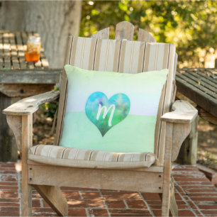 Cojín De Exterior Monograma personalizado moderno corazón azul verde