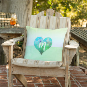 Cojín De Exterior Monograma personalizado moderno corazón azul verde