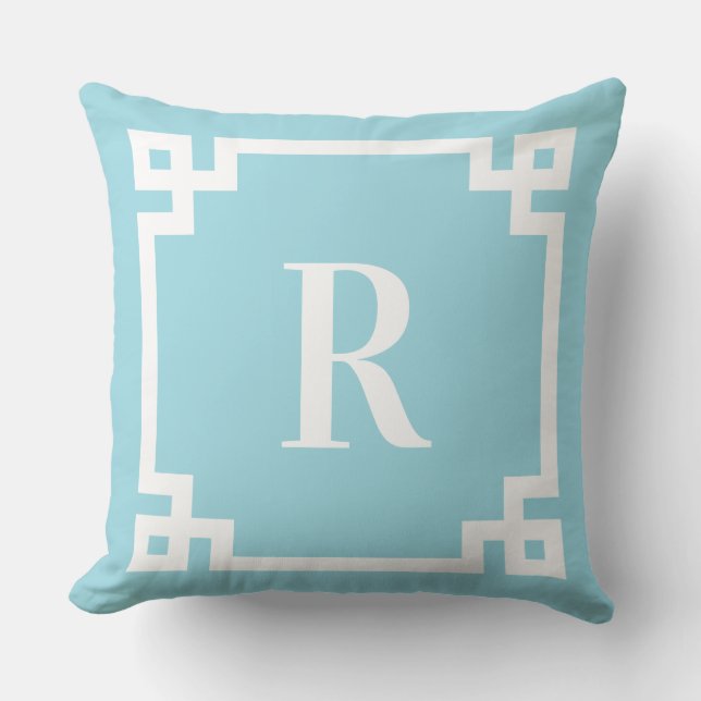 Cojín De Exterior Monograma Robin Egg Blue and White Greek Key Borde (Anverso)