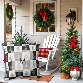 Cojín De Exterior Monograma rústico moderno de pinos negros y blanco