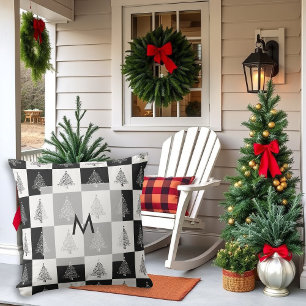 Cojín De Exterior Monograma rústico moderno de pinos negros y blanco
