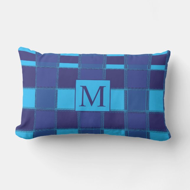 Cojín De Exterior Monogramas únicos de Gingham geométrico azul (Anverso)