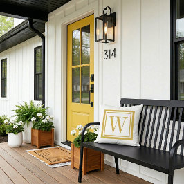 Cojín De Exterior Mostaza y Blanco Clásico Cuadrado Monograma