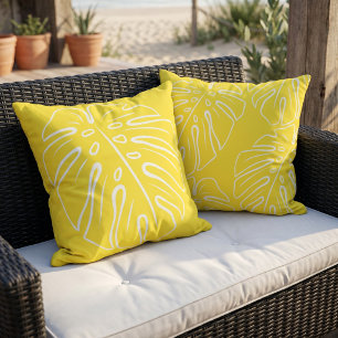 Cojín De Exterior Motivo de hoja tropical blanca sobre amarillo sole