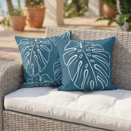 Cojín De Exterior Motivo de hoja tropical blanca sobre azul verde te