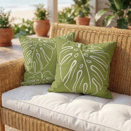 Cojín De Exterior Motivo de hoja tropical blanca sobre verde oliva