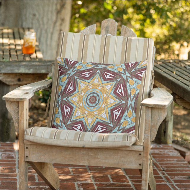 Cojín De Exterior Mustard Amarillo Marrón Rojo Aqua Mandala Arte Tri (Silla)