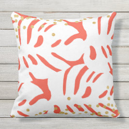 Cojín De Exterior Naranja audaz y hoja tropical blanca con oro falso