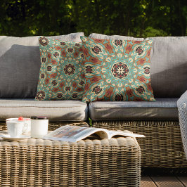 Cojín De Exterior Naranja rojo turquesa marrón Mandala Arte tribal