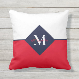 Cojín De Exterior Náutica moderna marina azul Monograma rojo Tira Pi