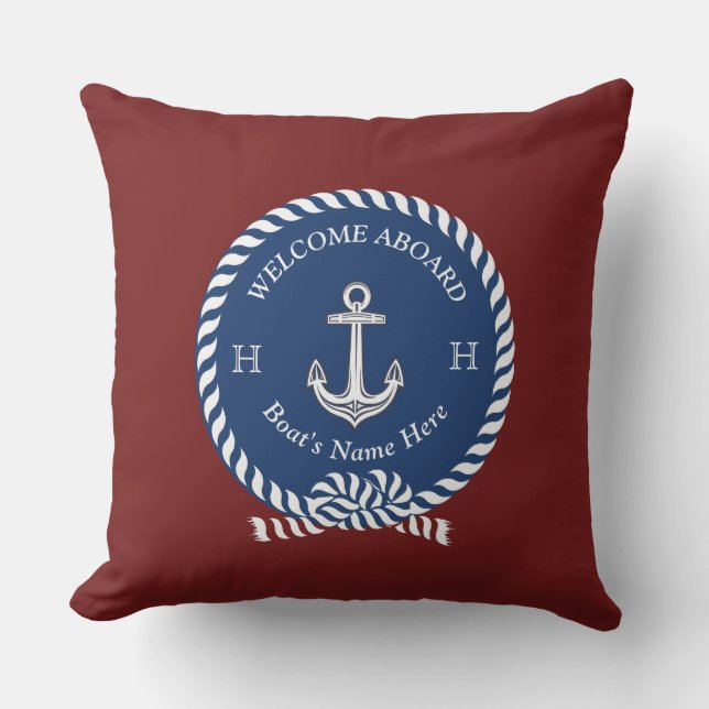 Cojín De Exterior Nautical Boat Name Anchor Maroon Red Naval Azul (Anverso)