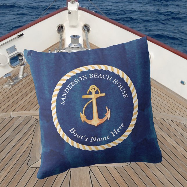 Cojín De Exterior Nautical Boat Name Anchor Rope Navy Blue Yellow (Subido por el creador)