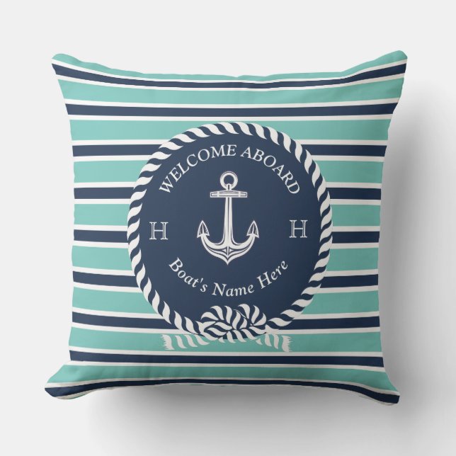 Cojín De Exterior Nautical Boat Name Anchor Rope Teal Blue Welcome  (Anverso)