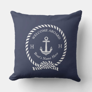 Cojín De Exterior Nautical Bote Name Anchor Rope Navy Blue Welcome  