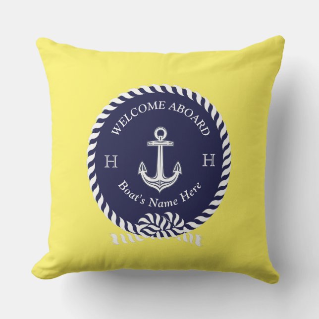 Cojín De Exterior Nautical Bote Name Anchor Rope Navy Blue Welcome (Anverso)