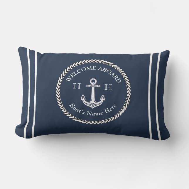 Cojín De Exterior Nautical Bote Name Anchor Rope Navy Blue Welcome L (Anverso)