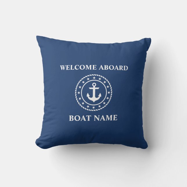 Cojín De Exterior Nautical Bote Name Anchor Rope Stars Blue Welcome (Anverso)