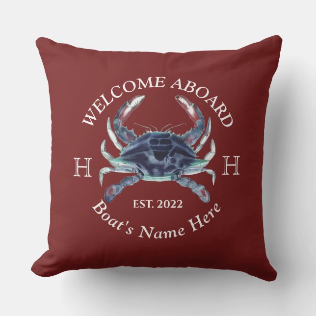 Cojín De Exterior Nautical Bote Name Blue Crab Welcome Burgundy Red (Anverso)