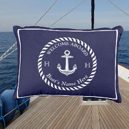 Cojín De Exterior Nautical Bote Nombre Anchor Rope Naval Azul Blanco