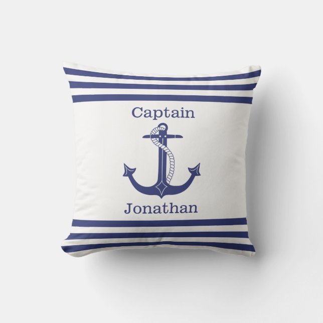 Cojín De Exterior Nautical Captain Blue Anchor Añadir nombre (Anverso)