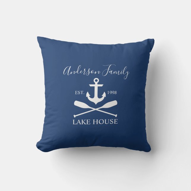Cojín De Exterior Nautical Lake House Anchor Oars Family Navy Blue (Anverso)