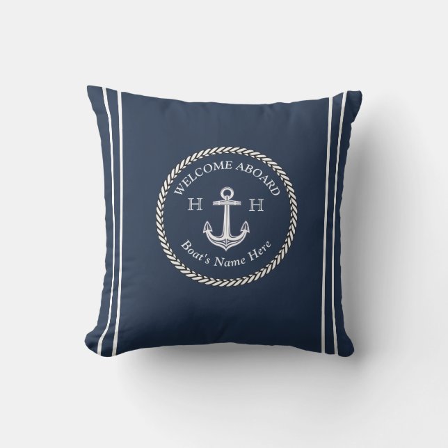 Cojín De Exterior Nautical Naval Blue Boat Nombre Anchor Rope (Anverso)