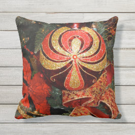 Cojín De Exterior Navidad rojo festivo ornamento y Poinsettia del