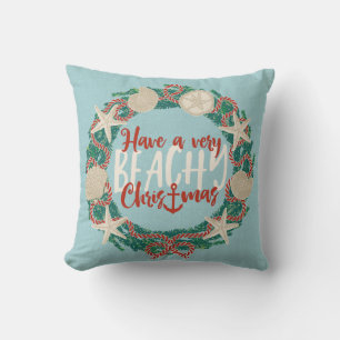 Cojín De Exterior Navidades Costero Tropical Sea Shell Wreath -Aqua